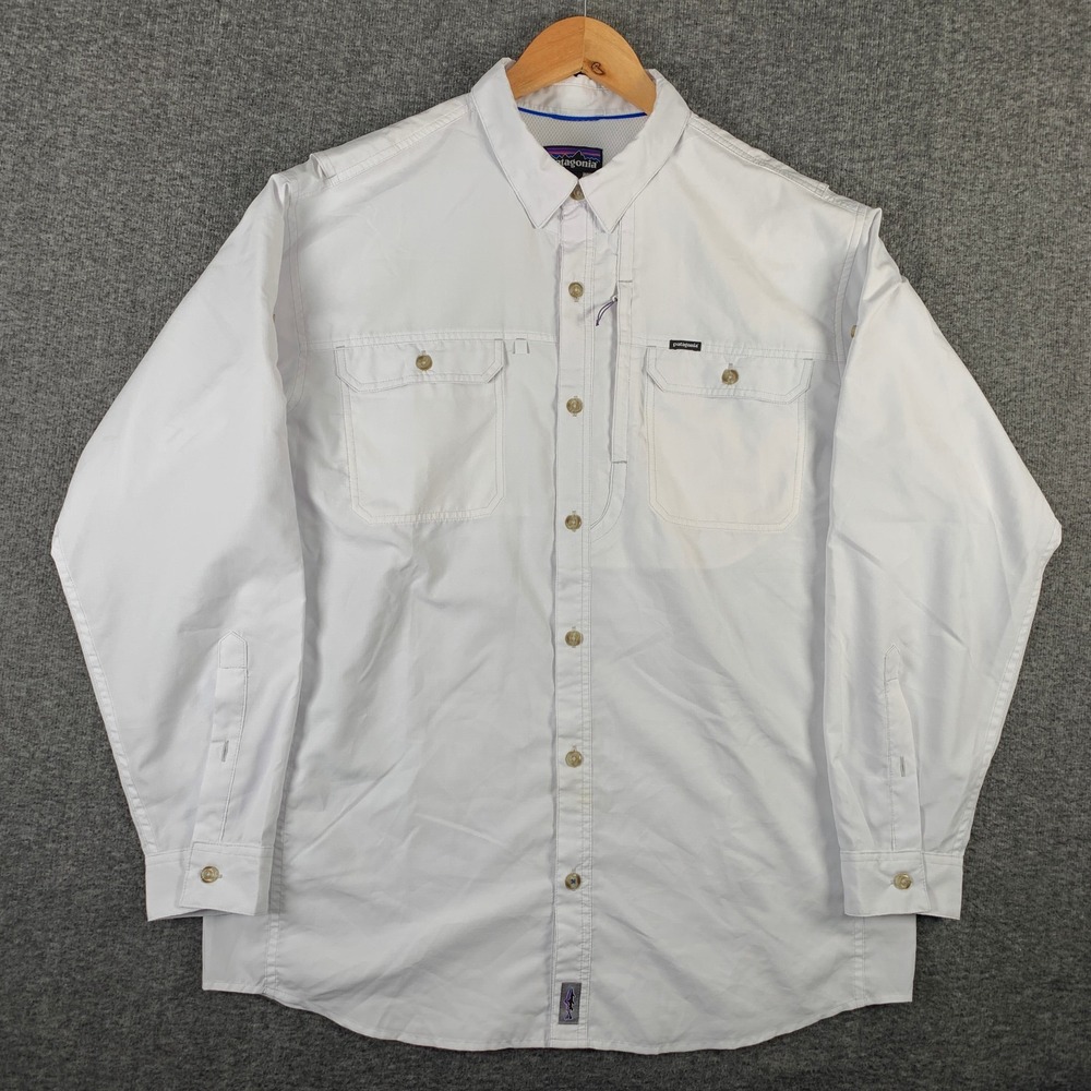 Patagonia Shirt Men Large Fishing Vented Outdoors White Long Sleeve Hiking